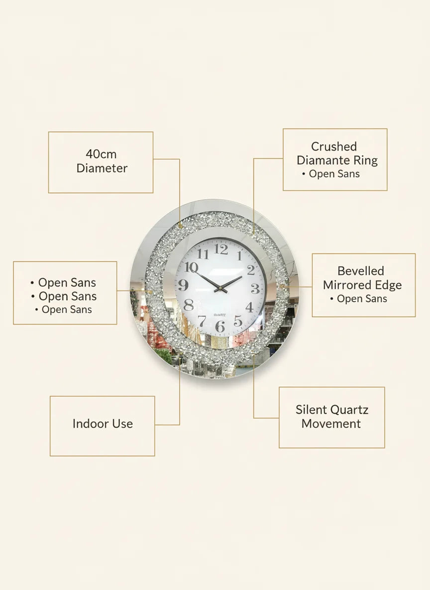 Mirrored Diamante Round Wall Clock 40cm – Luxury Silver Crystal Accent | Sparkle Decors UK